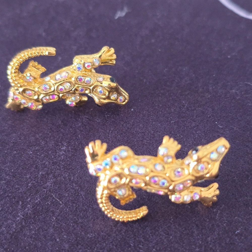 Gold Tone Alligator Stud Earrings Aurora Borealis Rhinestone‎ Reptile Crawlers
